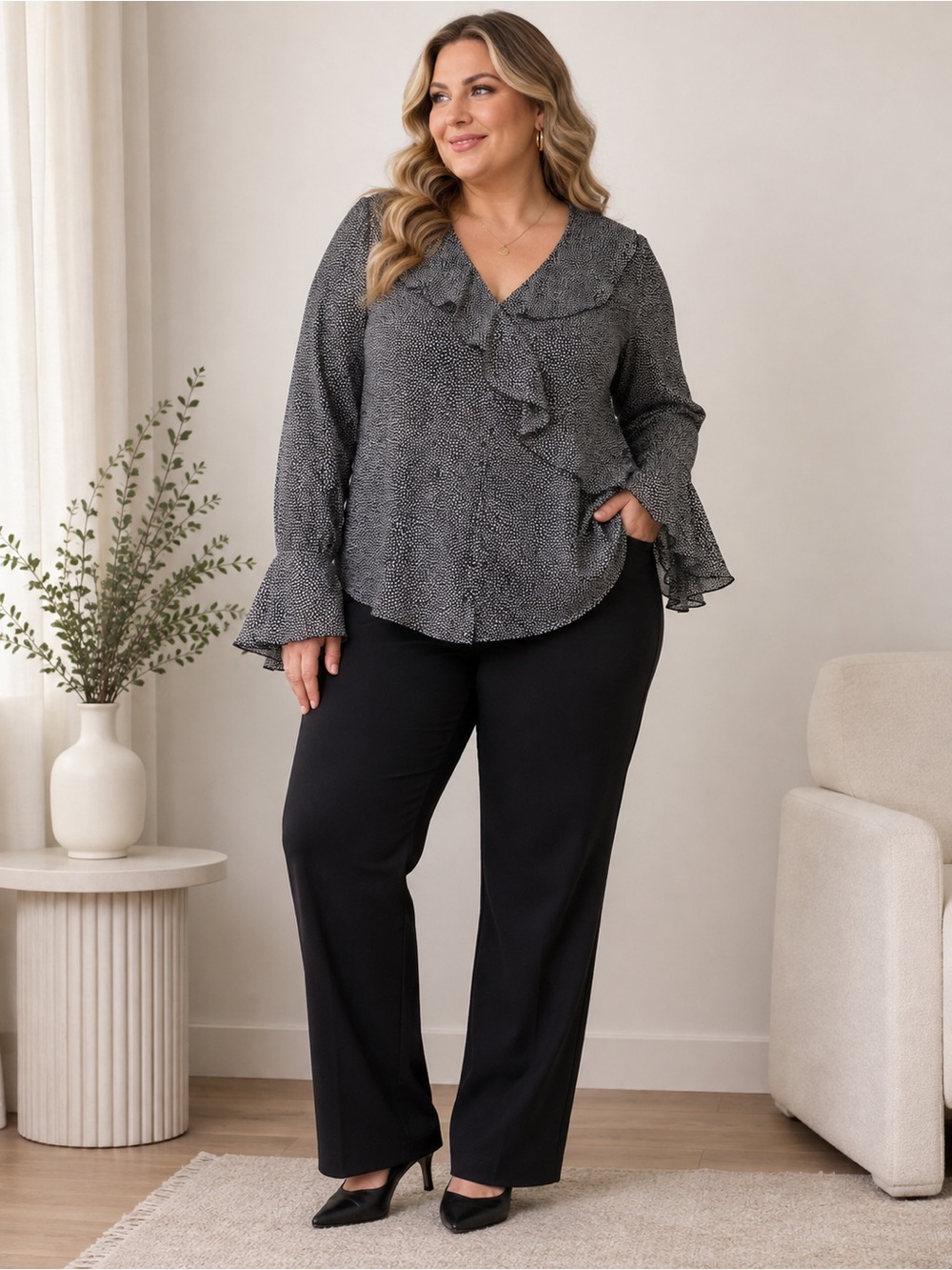 CaRaN New York Plus Size Black White Polka Dot Ruffle V-Neck Blouse 1X